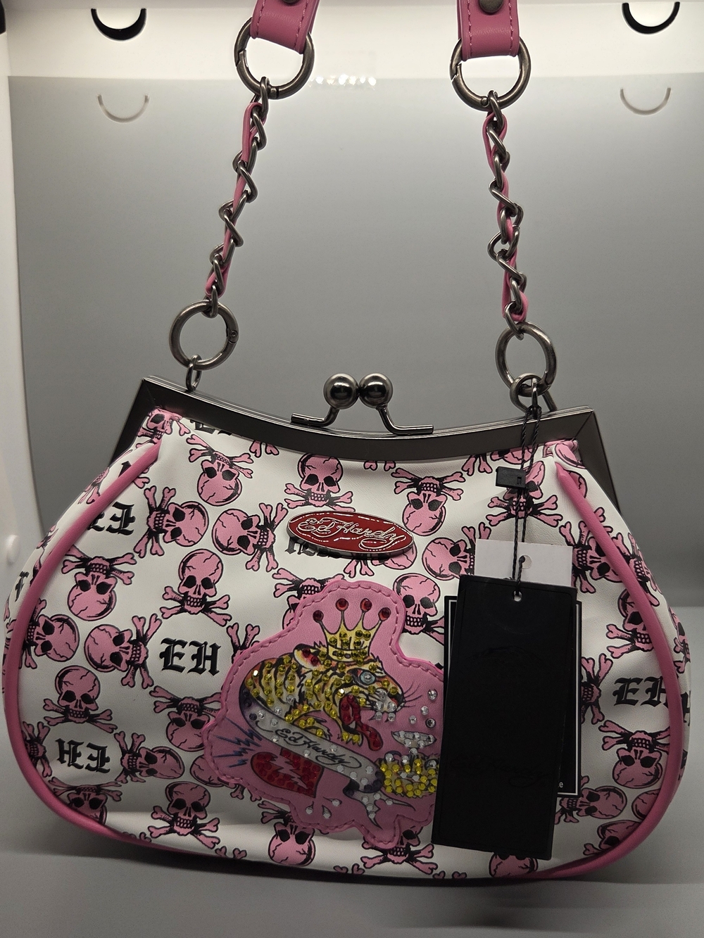 NWT Ed Hardy Hollis Pink White Skulls Tiger Kiss-Lock Shoulder Bag Y2K